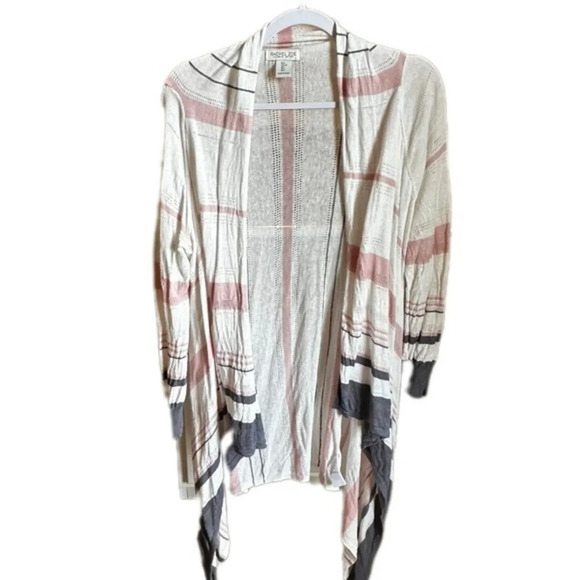 Rachel Zoe Women's Large Pink and Gray Striped Lightweight Cardigan - Picture 2 of 8